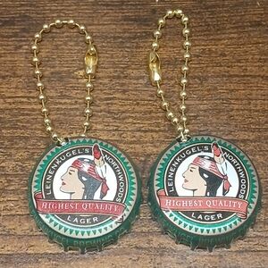 Lot of 2 Leinenkugel's Indian Maiden Keychains, Vintage Bottle Cap Crowns